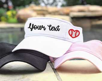 Baseball visor custom text team personalized hat, name on front baseball sport heart on side, cute gift team wife mom daughter son birthday