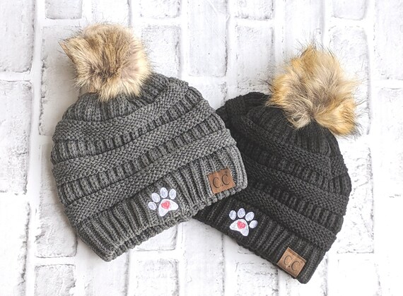 Embroidered Paw Print Beanie: Dog Mom Gift, Pom Pom Option 