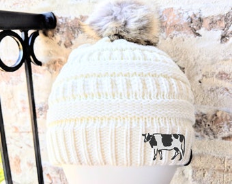 Women's Cow Holstein Beanie, Cute Embroidered Sewn Fall Winter Cap Hat Toque, Christmas Birthday Gift Present for Her Owner Wife Friend Mom