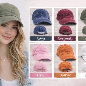 The image is a collage of six images, each featuring a different color of hat and a woman with long blonde hair. The hats are arranged in a grid format, with each row representing a different color and the woman's image in the top left corner. The hats are labeled with their respective colors, such as Navy, Burgundy, Olive, Pink, Orange, and White.