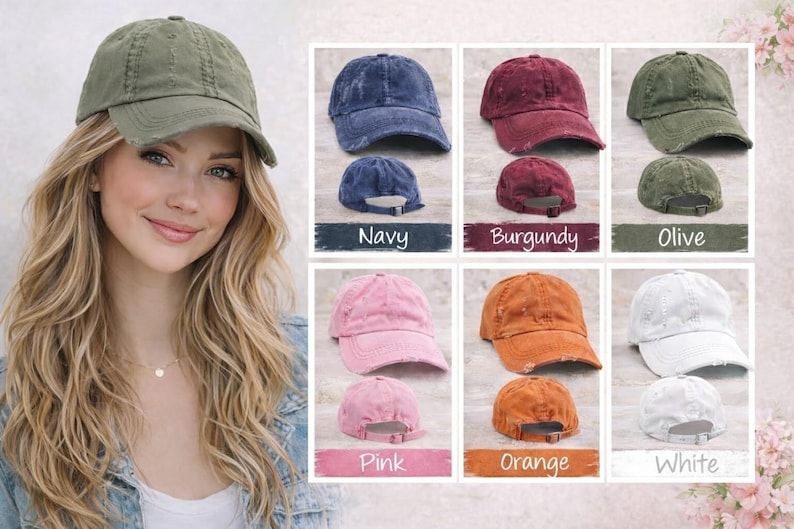 The image is a collage of six images, each featuring a different color of hat and a woman with long blonde hair. The hats are arranged in a grid format, with each row representing a different color and the woman's image in the top left corner. The hats are labeled with their respective colors, such as Navy, Burgundy, Olive, Pink, Orange, and White.