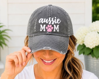 Aussie Mom Hat: Australian Shepherd Dog Breed Baseball Cap, Embroidered Personalized Gift Present Clothing
