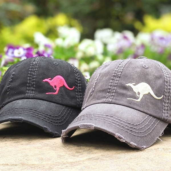 Embroidered Kangaroo Baseball Cap: Women's Hat, Design Sewn in Corner, Gift Clothing