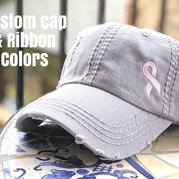 Cancer Ribbon Hat, Custom Color Ribbon Hat, Pink Ribbon Hat, Breast Cancer Awareness Hat, Breast Cancer Baseball Cap, Cancer Hat, Chemo hat