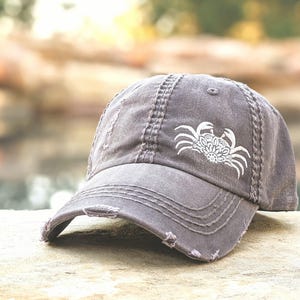 Embroidered Crab Baseball Cap - Women's Beach Style Hat, Floral Accent, Gift Clothing Present