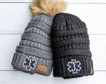 EMT EMS Star of Life Beanie, Winter Hat Cap, First Responder Ambulance Driver Paramedic
