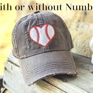Embroidered Heart Baseball Cap: Women's Distressed Baseball Team Hat, Large Design No Patch