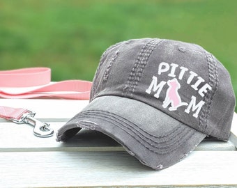 Women's pittie pitbull or pit bull dog mom hat baseball cap with shape silhouette outline, embroidery pit dog, cute gift present owner wife