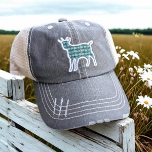 Women's Embroidered Goat Animal Baseball Cap, Dark Grey Mesh Back, Floral Design, Gift Accessories