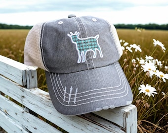 Women's Embroidered Goat Animal Baseball Cap, Dark Grey Mesh Back, Floral Design, Gift Accessories