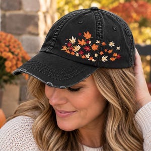Fall Hat Baseball Cap, Women's Embroidered, Leaves Autumn, Vintage Boho Style Look, Birthday Present