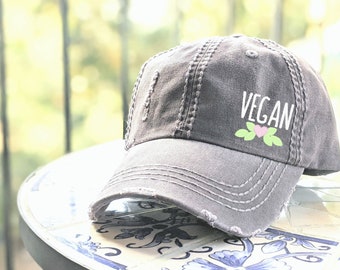 Vegan hat embroidered baseball cap, gift clothing for vegan, cute birthday git present clothing clothes women's, small in hat corner