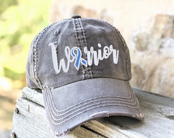 Women's stomach cancer periwinkle blue ribbon warrior hat baseball cap, embroidered chemotherapy chemo support walk gift present for her