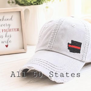 Thin Red Line Firefighter Wife Hat: Embroidered State Silhouette Outline Shape, Women's Baseball Cap image 1