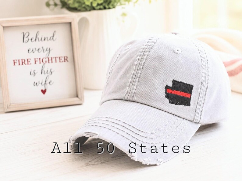 Thin Red Line Firefighter Wife Hat: Embroidered State Silhouette Outline Shape, Women's Baseball Cap image 1
