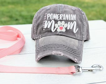 Pomeranian Mom or Mama Embroidered Distressed Baseball Cap: Dog Lover Hat Gift