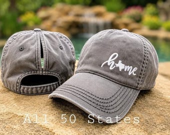 Embroidered State Home Ponytail Cap: Women's High Hat, Texas Tennessee North South Carolina +, Gift