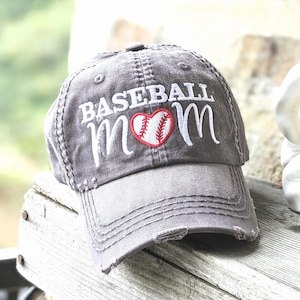 Baseball Mom or Mama Hat: Distressed Cotton Cap with Heart Ball Design