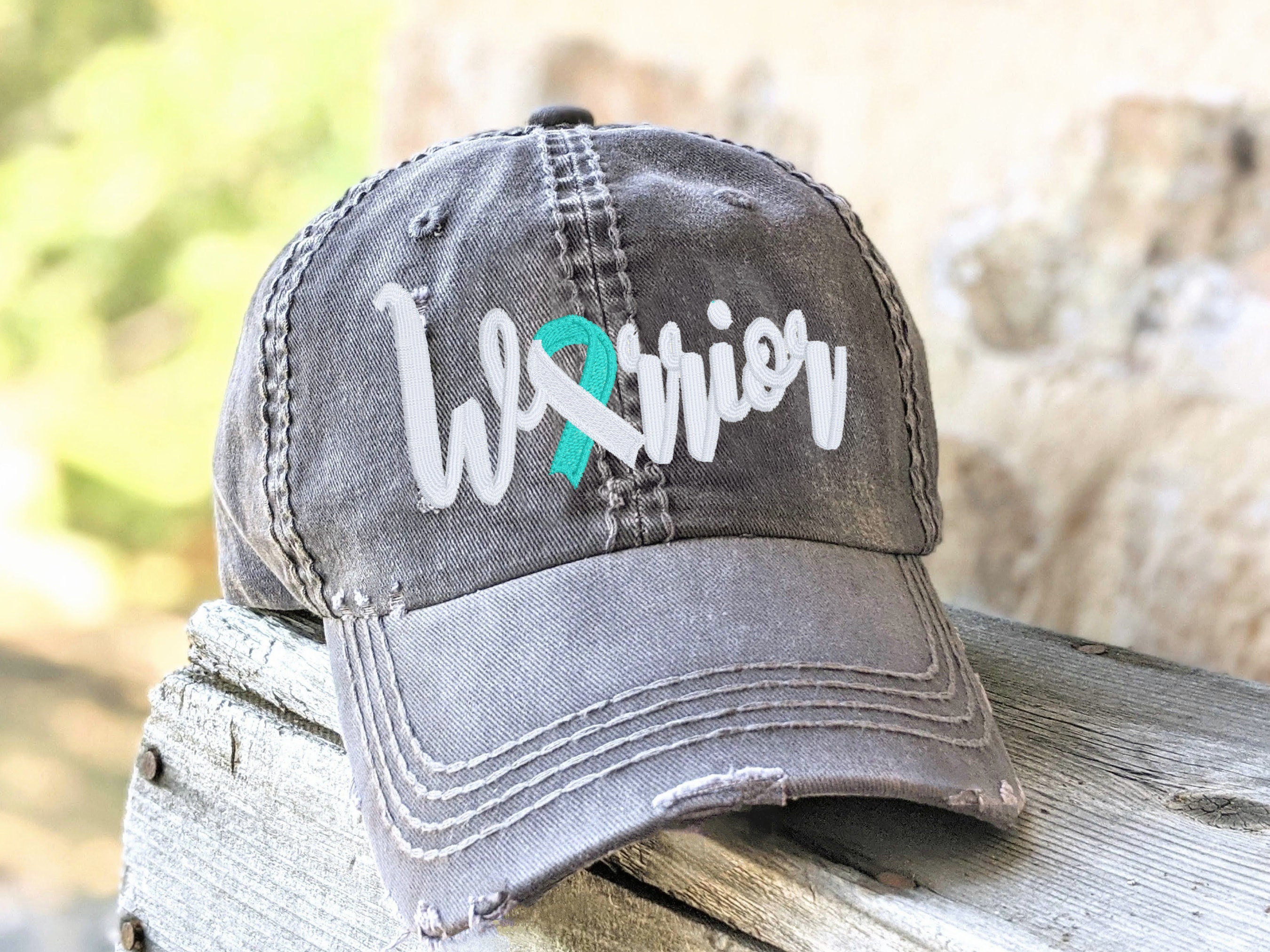 Cervical cancer teal and white ribbon warrior hat baseball cap, embroidered chemotherapy chemo support walk gift present her wife mom friend