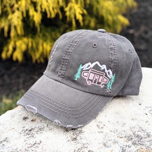 Embroidered Pop Up Camper Baseball Cap: Women&#39;s Distressed Cotton Hat