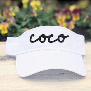 Coco or custom text visor embroidered, personalized choose font name hat cap, white + gitt