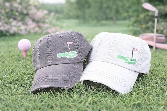 Women's Golf Hat: Embroidered Green and Flag Baseball Cap, Gift Clothing Present Golfer Golfing
