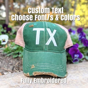 Custom Text Embroidered Vintage Wash Hat: State Abbreviation, Airport Code Number, TX Green + Gift