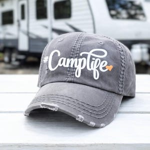 Women's #Camplife Embroidered Baseball Cap, Camping Hat, RV Tent 5th Wheel Hashtag Heart Optional