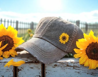 Embroidered Sunflower Baseball Cap: Women's Washed Cotton Hat