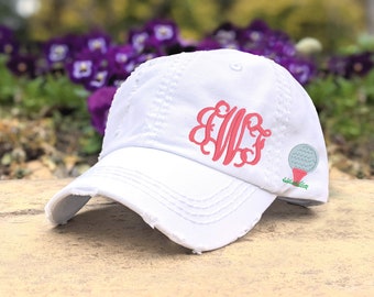 Women's golf monogrammed hat with tee ball accent, cute embroidered initials monogram golf baseball cap, gift clothing present player mom