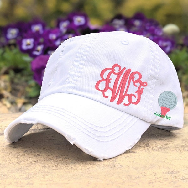 Women's golf monogrammed hat with tee ball accent, cute embroidered initials monogram golf baseball cap, gift clothing present player mom