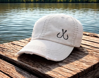 Women's Fishing Hat: Embroidered Crossed Hooks, Female Baseball Cap, Small Corner Design, Gift