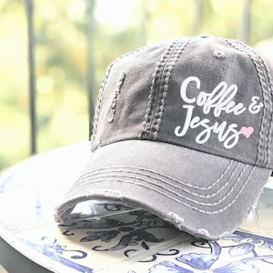 Coffee & Jesus Baseball Cap: Women&#39;s Distressed Cotton Hat
