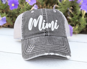 Mimi or custom text name nickname embroidered women's baseball cap hat, grey cute mesh back, add bling rhinestones, gift present birthday