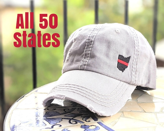 Thin Red Line Firefighter Hat: Embroidered State Silhouette Shape, Women's Baseball Cap