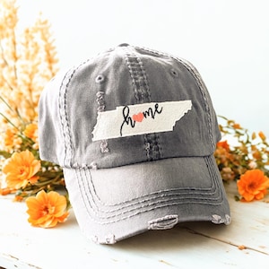 Embroidered Tennessee Home Baseball Cap: Women&#39;s Distressed TN Hat, Grey Orange More