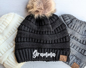 Women's Gramma Embroidered Beanie Hat Cap, Cute Monogrammed Sewn Winter Fall Toque, November December Birthday Gift Christmas Present