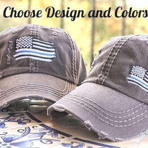 Embroidered Thin Line Flag Cap  Hat- Blue Red Gold More, Choose Design Colors, Gift