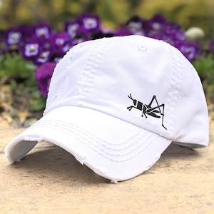 Women&#39;s Embroidered Grasshopper Baseball Cap: Distressed Cotton Hat, Small Corner Design