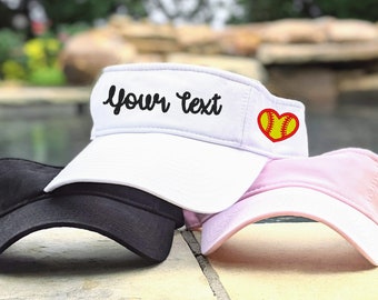 Softball visor custom text team personalized hat, name on front softball heart on side, cute gift player team wife mom daughter birthday