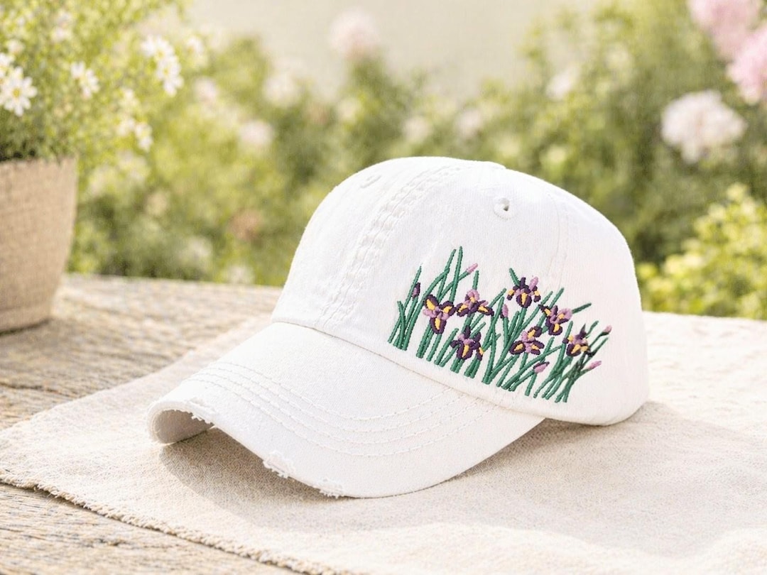 Embroidered Iris Flower Baseball Cap: Women's Hat, Spring Flowers