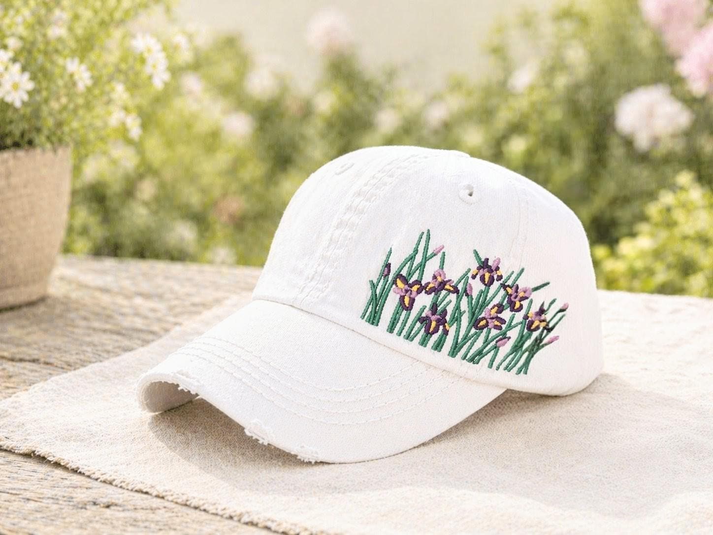 Embroidered Iris Flower Baseball Cap: Women's Hat, Spring Flowers