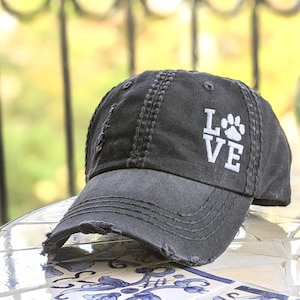 Embroidered LOVE Dog Hat: Distressed Cotton Baseball Cap Paw Print, Gift Owner Wife Her