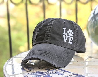 Embroidered LOVE Dog Hat: Distressed Cotton Baseball Cap Paw Print, Gift Owner Wife Her