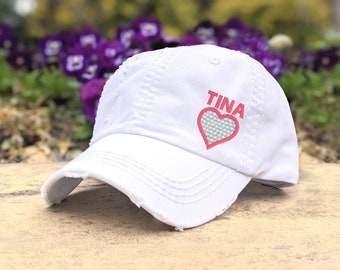 Women's embroidered golf ball hat optional custom text name, love golf baseball cap, cute female lady golfer clothing gear gift present gear