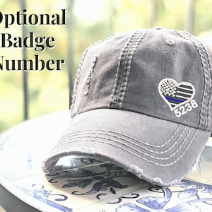 Women's Thin Blue Red More Line Hat, Badge Number, Heart Flag Police Firefighter Wife