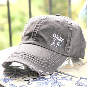 Woke AF Embroidered Baseball Cap Women's Hat, Optional Heart, Small Corner Design, Gift