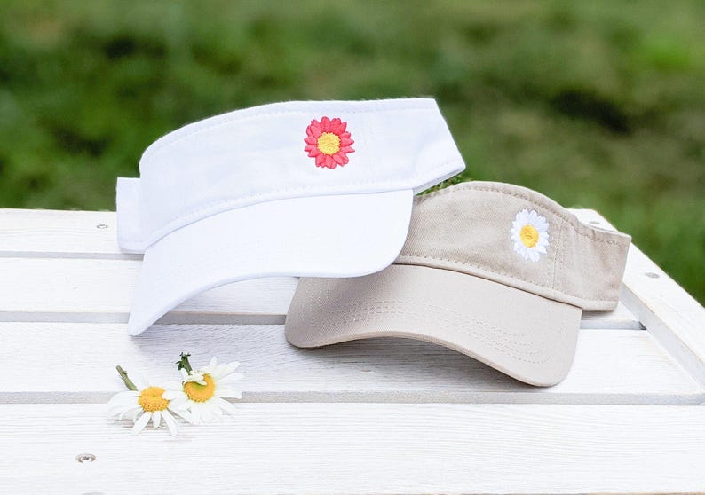 Embroidered Daisy Visor: Women's Floral Hat With Small Daisy Flower Sewn in Corner, Gift image 1