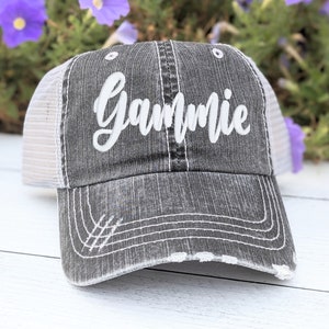 Gammie or custom text name nickname embroidered women&#39;s baseball cap hat, grey mesh back, cute bling rhinestones, gift birthday mother&#39;s day