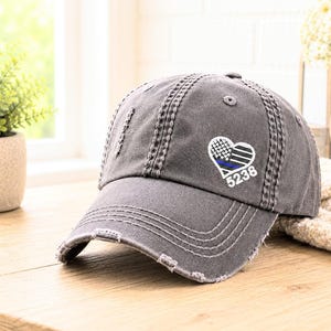 Women's Thin Blue Red + Line Hat, Badge Number, Heart Flag Police Firefighter Wife Gift